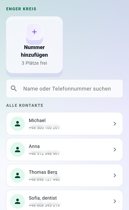 Wcall contacts screen with Michael in the contact list