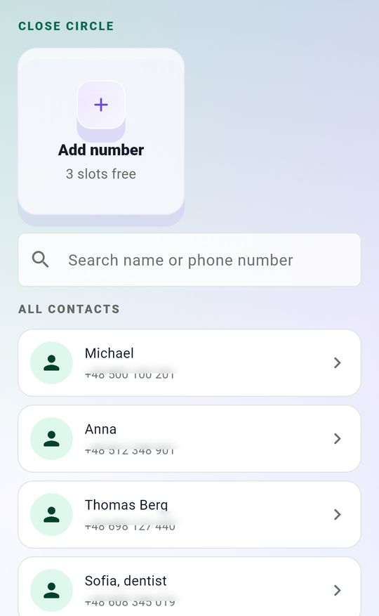 Wcall contacts screen with Michael in the contact list