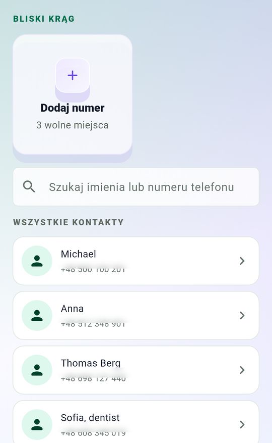 Wcall contacts screen with Michael in the contact list