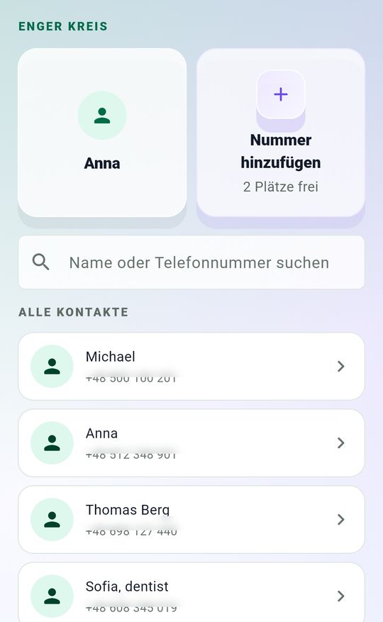 Wcall contacts screen with Anna in the Close Circle