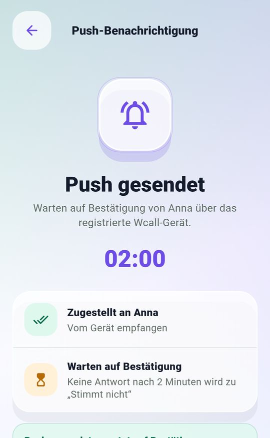 Wcall push waiting screen: push delivered to Anna, waiting for confirmation