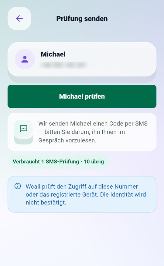 Wcall send check screen: an SMS code will be texted to Michael