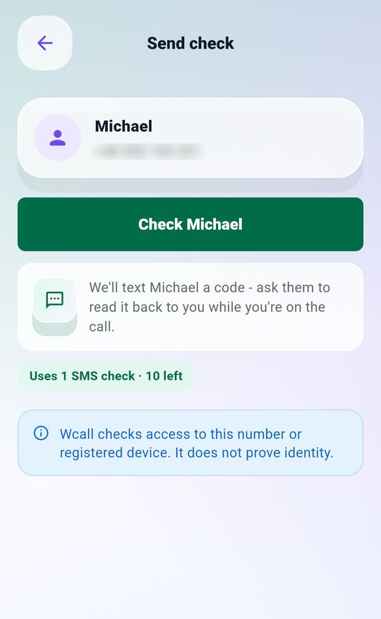 Wcall send check screen: an SMS code will be texted to Michael