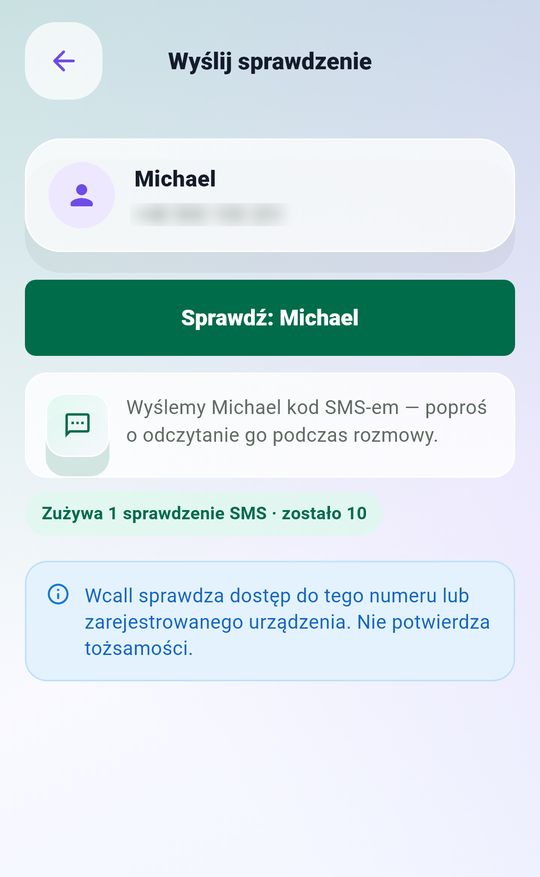 Wcall send check screen: an SMS code will be texted to Michael