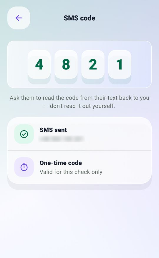 Wcall SMS code screen showing the one-time code 4821