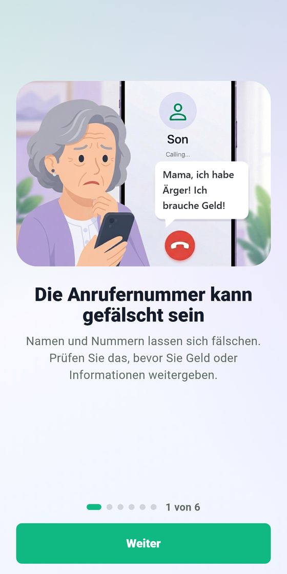 Wcall app screen: an older woman looking at a call from Son saying I'm in trouble, I need money - headline: Caller number can be faked.