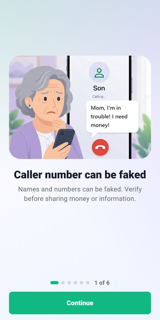 Wcall app screen: an older woman looking at a call from Son saying I'm in trouble, I need money - headline: Caller number can be faked.