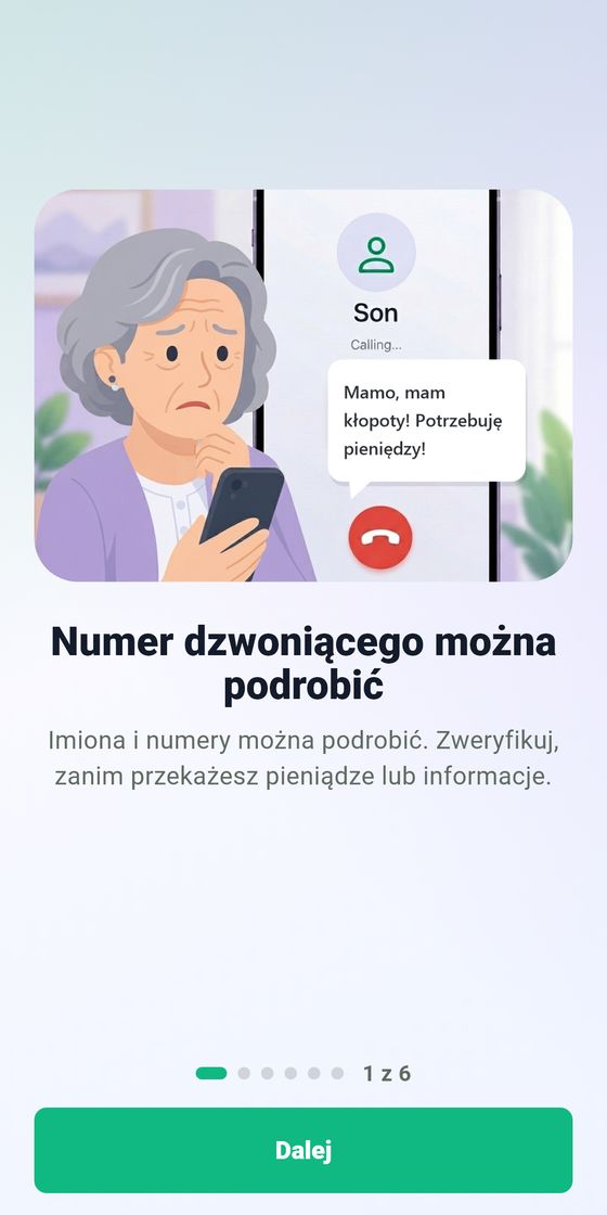 Wcall app screen: an older woman looking at a call from Son saying I'm in trouble, I need money - headline: Caller number can be faked.
