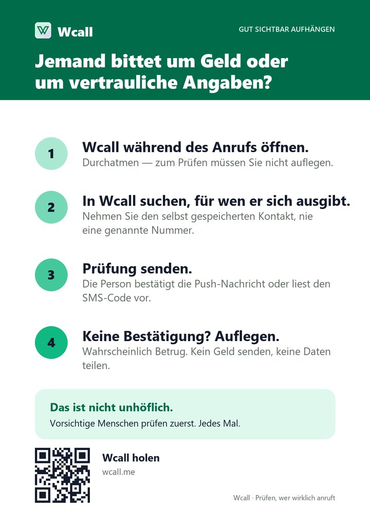 Wcall safety card: four steps for a call asking for money - open Wcall, find who they claim to be, send a check, no confirmation means hang up.